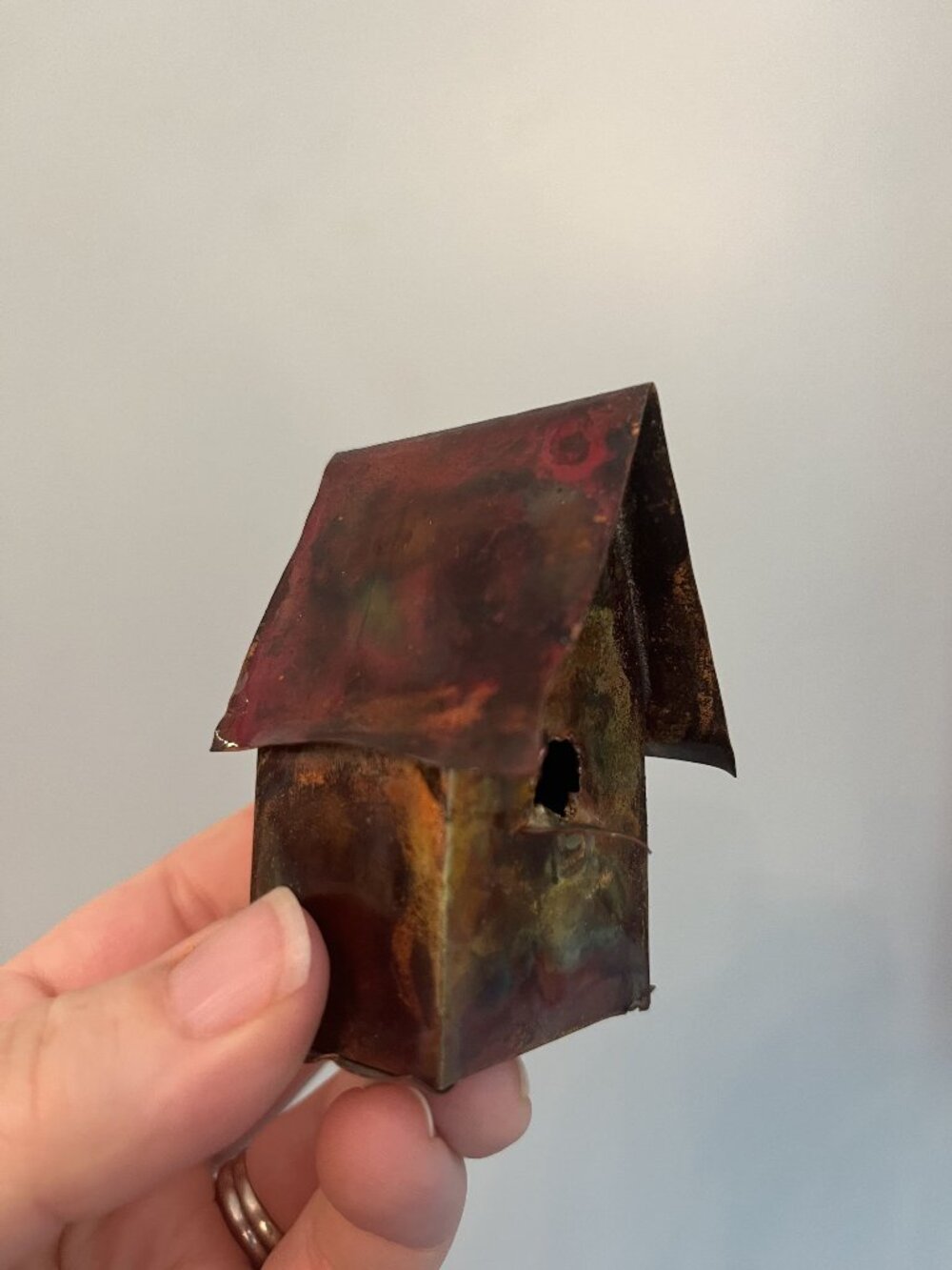 Miniature Copper Birdhouse Trinket With Patina Finish 3 Inches Tall